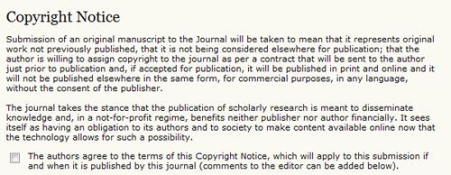Submission Checklist The journal's copyright policy will appear next,
