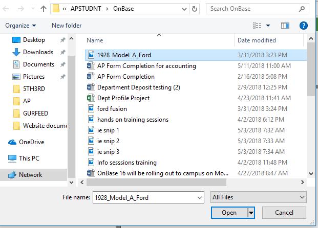 The file should display in OnBase and the file location window should close.