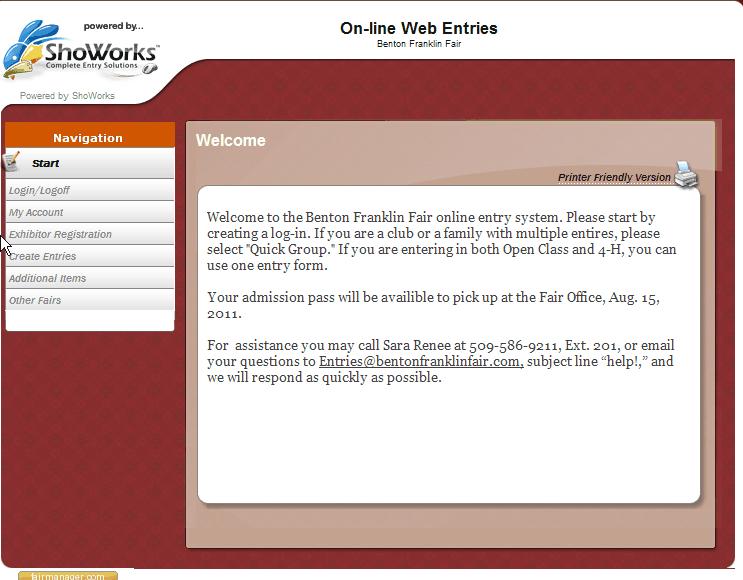 To enter an exhibit in the Benton Franklin Fair select login/logoff icon on the left hand side of the screen located under the Navigation tool bar.