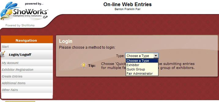 Once you have selected Login/Logoff, select Choose a Type from the drop down menu. This allows you to select the type of exhibitor entering the fair.