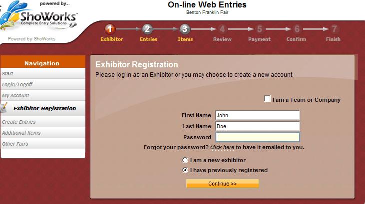 Proceed to fill out the first and last name of the person entering an exhibit. If this is your first time registering online, select I am a new exhibitor.