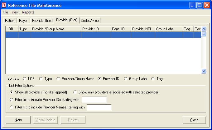 Setting up the Billing Provider Select the Provider (Prof) tab on the Reference File Maintenance menu to enter the