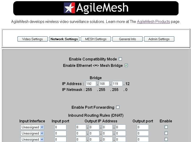 The Enable Ethernet Mesh Bridge is normally checked and allows wireless data and video to be bridged to the Ethernet interface on the AV2000G2 or the AV2010G2 nodes.