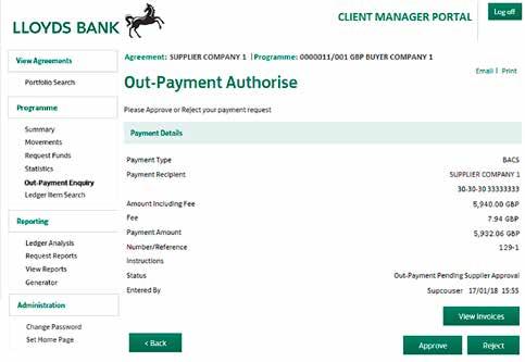 5. Finally, on the Out-Payment Authorise screen, click: Approve to send the payment for processing. A confirmation screen will display. Reject to suspend the payment.