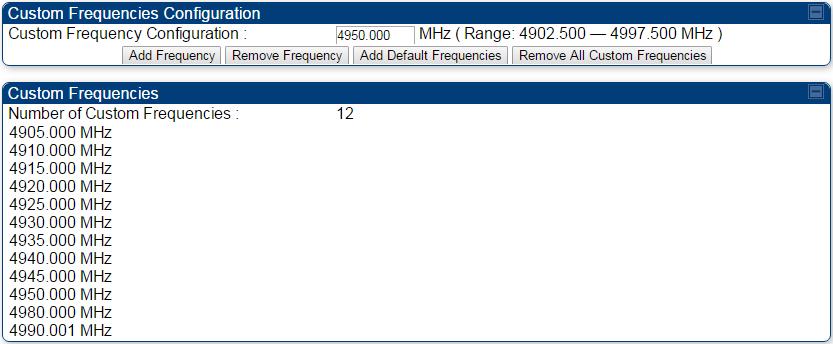 Configuring radio parameters Custom Frequencies page In addition to the Radio tab, AP/SM/BH has another tab called Custom Frequencies as shown in Table 127.