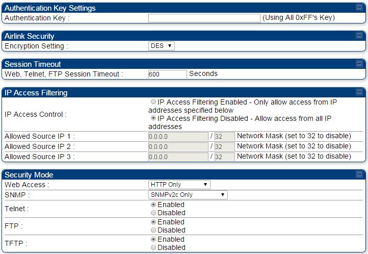 Configuring security Security page PTP 450/450i BHS The Security page of PTP 450/450i BHS is explained in Table 109.