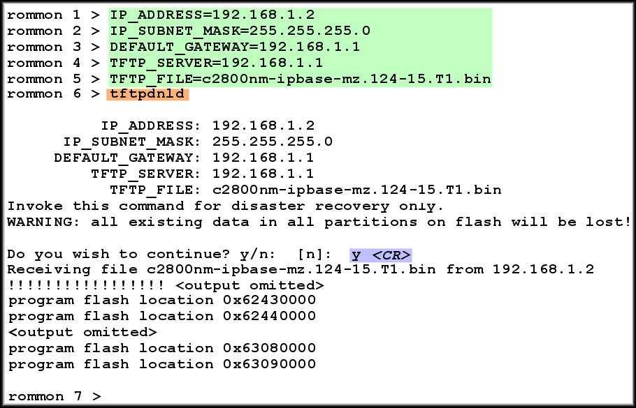Configure the TFTP server with a static IP Address. Boot the router and set the ROMmon variables.