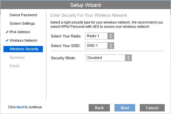 On the Wireless Security Screen (Figure 8) configure the wireless security settings for the device. Click Next.