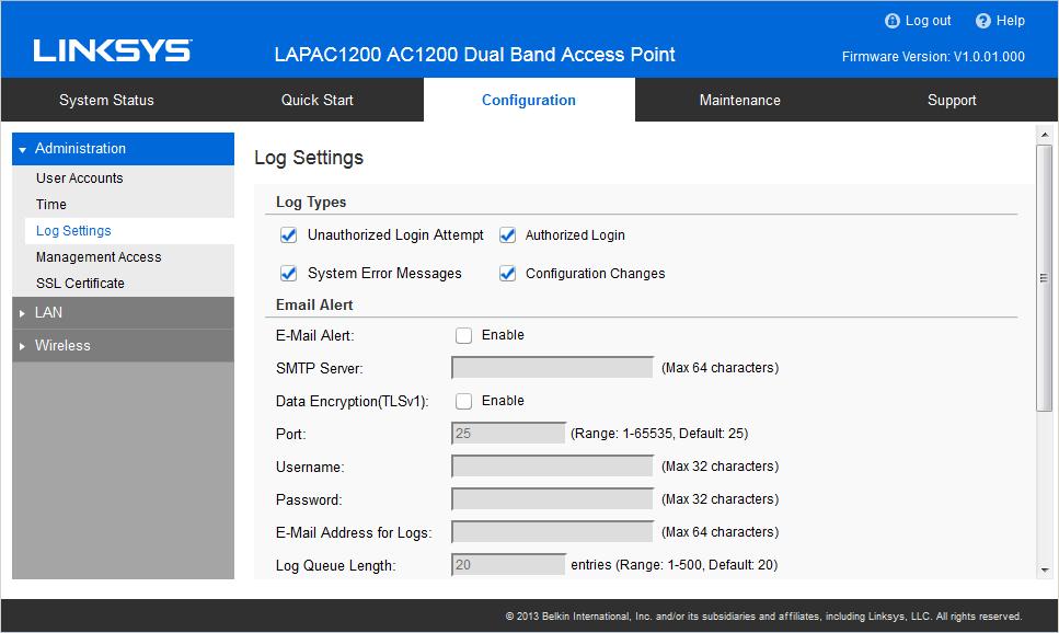 Log Settings Screen The logs record various types of activity on the access point.