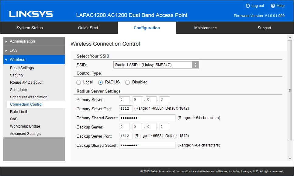 Connection Control Exclude or allow only listed client stations to authenticate with the access point.