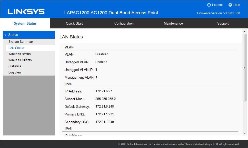 LAN Status LAN Status displays settings, and status of LAN interface. Figure 33: LAN Status Screen Data - LAN Status VLAN VLAN Untagged VLAN Untagged VLAN ID Enabled or disabled (default).