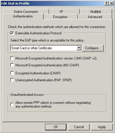 11. Click Edit Profile... and select the Authentication tab. Enable Extensible Authentication Protocol, and select Smart Card or other Certificate.