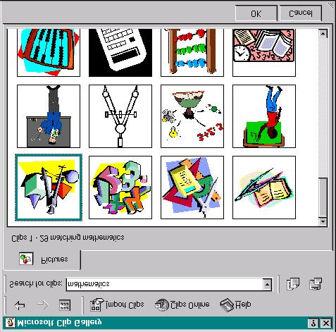 If we double left-click in the graphic box at the right, we can add clip art to the slide using the Microsoft Clip Art Gallery dialog box, Figure 34.