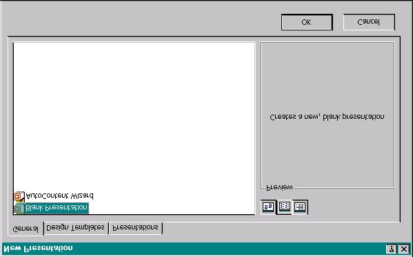 Figure 70: The General tab of the New Presentation dialog box with the Blank Presentation selected. Figure 71: The New Slide dialog box with the Title Slide selected.