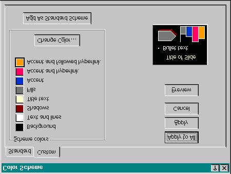 Figure 101: The Color Scheme dialog box with new colors. Figure 102: Left-click Apply to All box to apply the new color scheme to all slides.