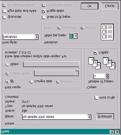 Figure 108: The Print dialog box with Slides per page drop down menu for printing handouts. Figure 109: The Print dialog box for handouts with 3 slides per page.