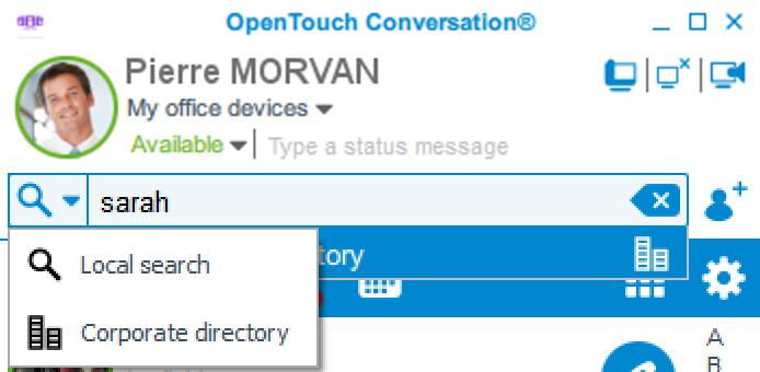 2.21 Search for a contact Searching for contacts in OpenTouch Conversation is simple. The search is performed through your local and corporate directories.
