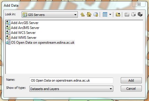 6) Select OS Open Data on openstream.edina.ac.uk by double clicking on it. 7) Click Add.
