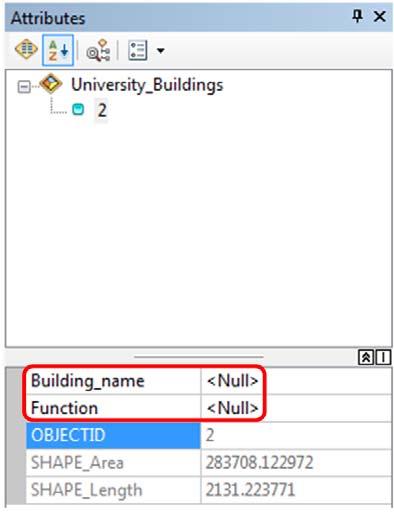 10) In the Attributes window, complete the Building_name and Function fields for buildings you have added.