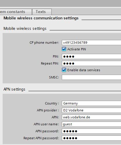 Make the required mobile wireless communications settings: "Properties > Mobile wireless communications settings": Activate PIN Enable data services