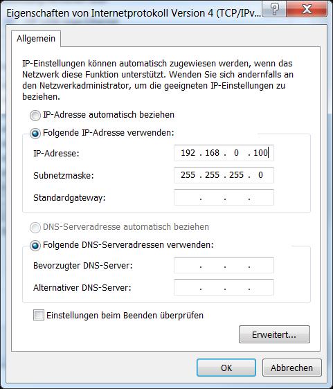5 Installation and Startup 3. Select the "Use the following IP address" radio button and fill out the field as shown in the screenshot. Select "OK" to close the dialogs. 4.