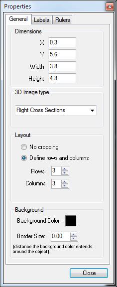 Image Group Properties General Tab 1. Dimensions Shows the location, width, and height of the object. 2. 3D Image type Define the default type of cross sections contained in this object.