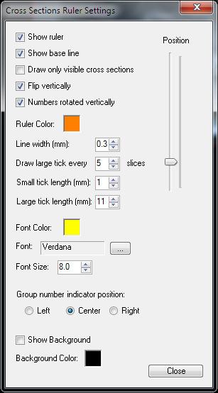 Cross Sections Ruler Settings Dialog Provides settings for how the cross sections ruler is rendered onto the image 1. Show/Hide the ruler 2. Show/Hide the base line of the ruler 3.