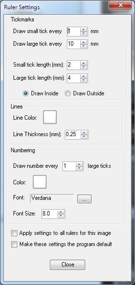Ruler settings Dialog 1. Tickmarks section a. Define space between tick marks and lengths of tick marks b. Draw Inside The ruler gets drawn inside the boundaries of the image. c.