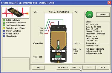 13) Verify the instrument status. This dialog box displays the health of the V-M.O.L.E. Profiler such as battery charge, internal temperature, Oven- CHECKER sensor temperatures and connectivity.