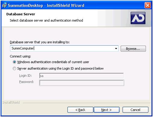 3) After filling in the SQL credentials that Summation Desktop will use, click Next, then Install. 4) After installation is complete you will be prompted to set up the Summation application database.