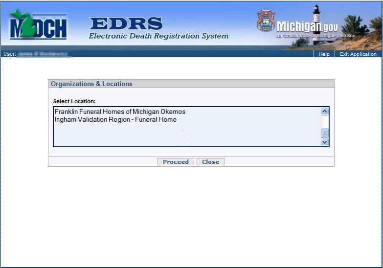 2.6 Organization/Location Selection Once you log into EDRS and have accepted the Privacy Agreement, the Organizations & Locations screen may be displayed.