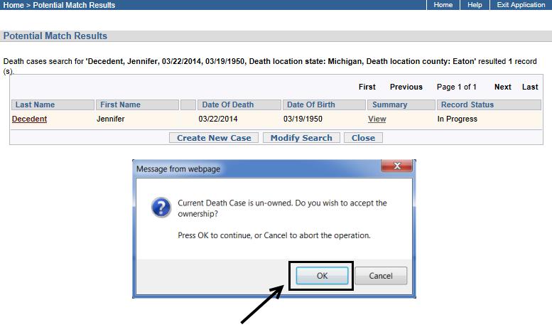 Be sure to include appropriate initial capitalization for first and last name information as all search information will be carried over to the Create New Case screen as the death record is processed.