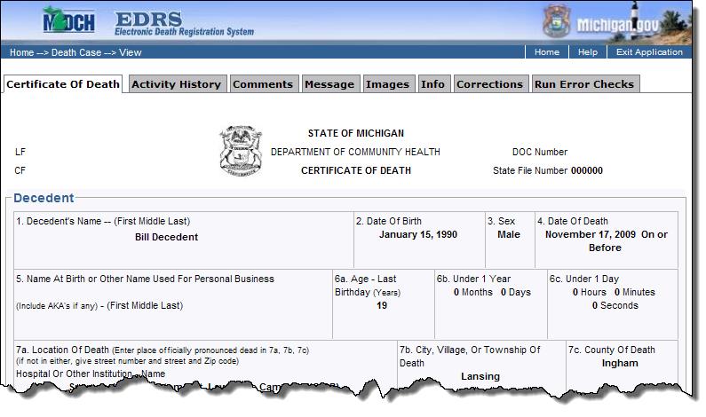 4.2.2.1 View Death Record Details (Last Name link on Search Results screen) To view a death record, you would click on the Last Name link on the Search Results screen (See Image 1).