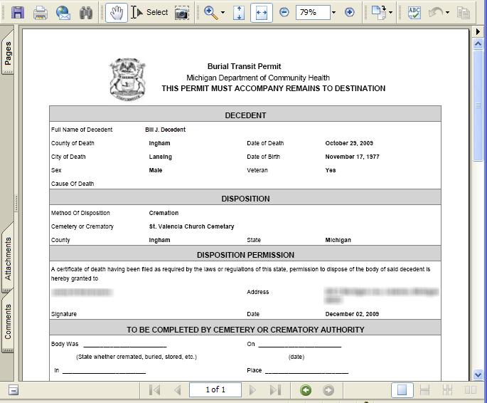 4.8.3 Printing the Cremation Permit Selecting the View Case Details link will display the death record and the Death Certificate