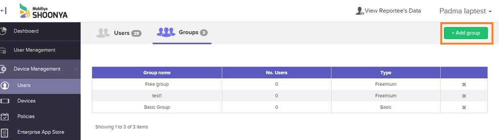 4.1.3. Adding User Groups 1. Click on Users under Device Management. Click on Groups from the Header.