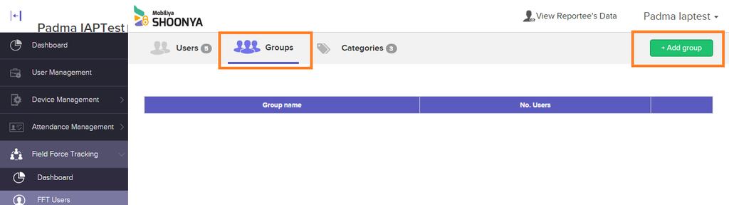 6.2.2. Adding User Group to Field Force Tracking 1. Click on FFT Users from Field Force Tracking. Select Groups from the header.