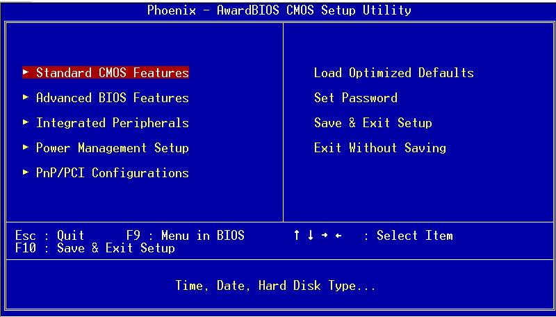 e. Enter "Standard CMOS Features" of the Main Menu of BIOS
