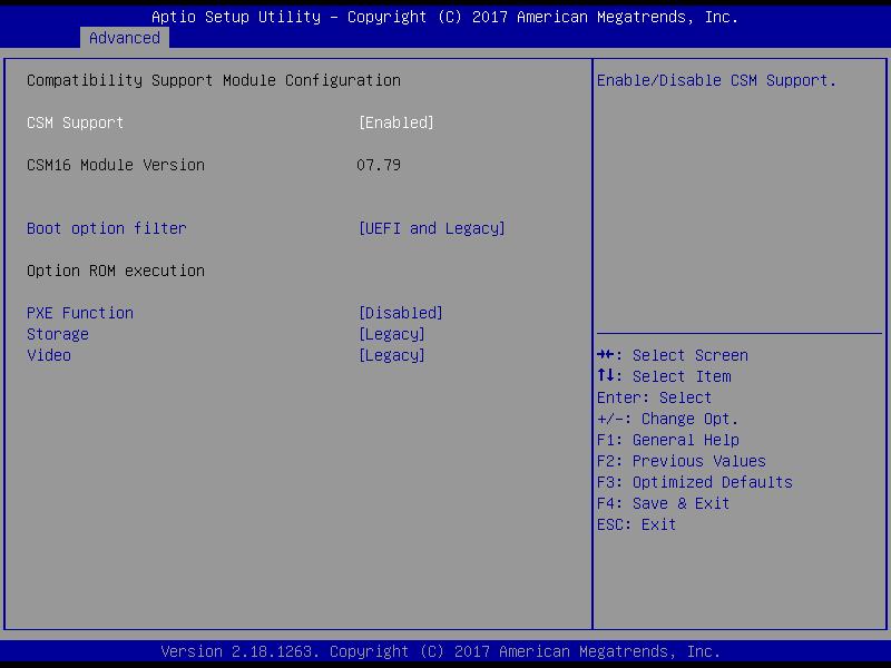 Chapter 5: BIOS Setup 5.3.8 CSM Configuration CSM Support Enables or disables UEFI CSM (Compatibility Support Module) to support a legacy PC boot process.