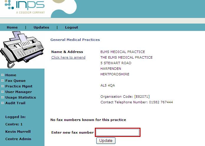 3. This then allows you to add a Fax Number for that Practice, type the Fax Number in the Enter New Fax Number window and click Update to add the fax number to the Practice Details.