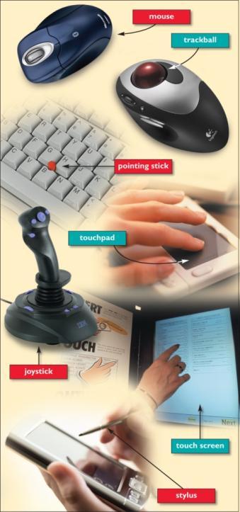 Input Devices: Giving Commands A pointer device controls an onscreen pointer s movements.