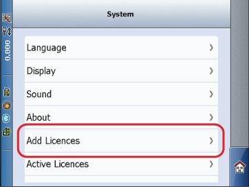 Activate Licence Step Description 1. Turn on the product. 2. In the icon software: Select System. Subsequently select Add Licences. 3. Tap into the input field to enter a licence code manually.