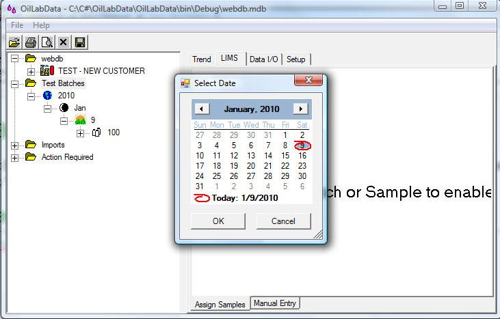 Add Batch A calendar defaulting to the current date is presented. Select the desired data select OK to create the test batch. Batch numbers are automatically assigned in even multiples of 100.