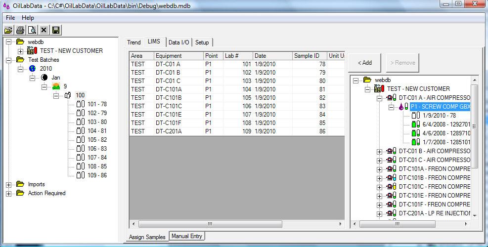 Assign Samples To add samples to a Test Batch, first select the Test Batch on the main database tree.