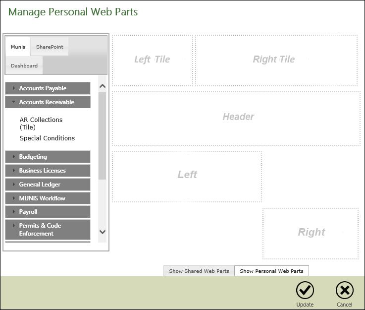 The Web Parts setting adds, removes, and arranges the web parts that are available on your personal dashboard. If you are a system administrator, you can also manage shared web parts.