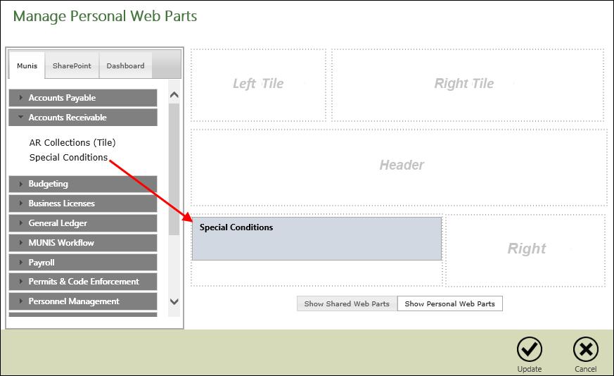 4. Highlight the web part to add and drag it to the Left or