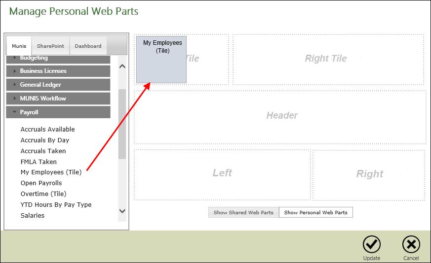 To add a web part tile, highlight the web part name and drag