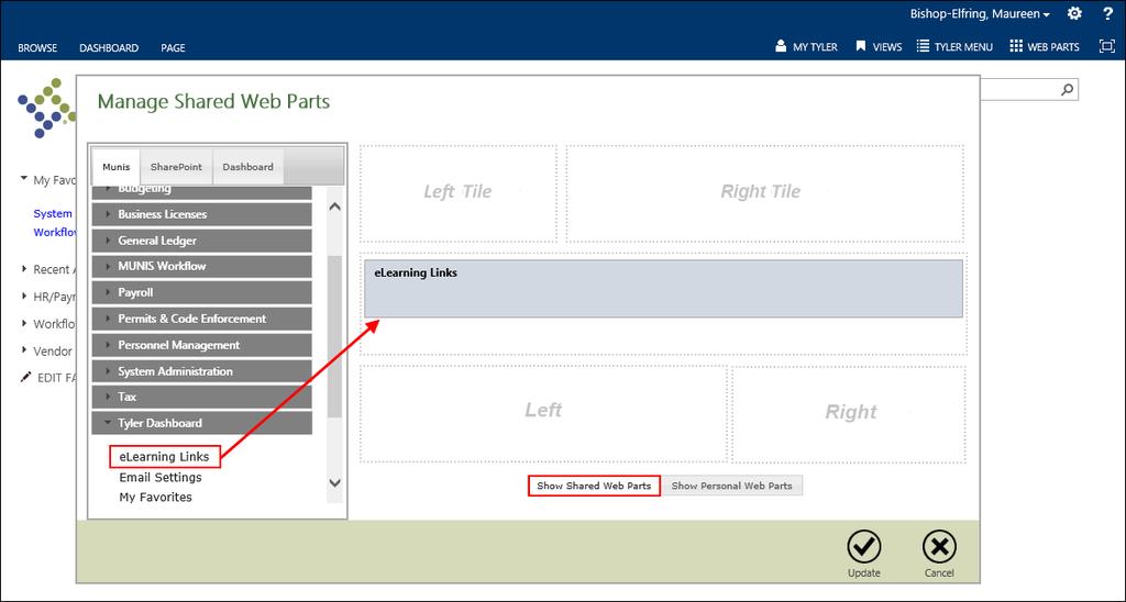 1. In the Manage Web Parts dialog box, select the Show Shared Web Parts option. 2. Navigate to the web part to add and drag it to a position box.