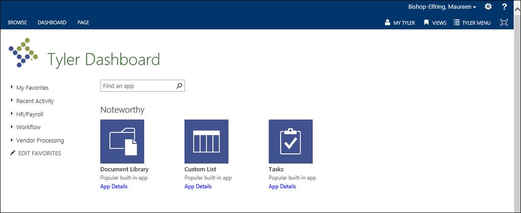 Add an App Add an App is a SharePoint feature that provides the option for adding apps to your dashboard. The default options are Document Library, Custom List, or Tasks.