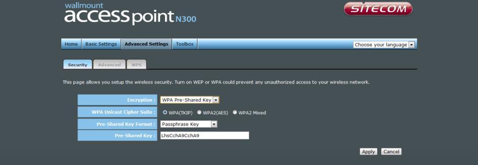 WPA WPA Unicast Cipher Suite Pre-shared Key Format Pre-shared Key Available options are: WPA (TKIP), WPA2 (AES), and WPA2 Mixed.