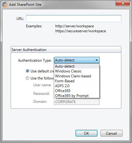 3. Enter the following information in the dialog: a. URL: enter the web address of the SharePoint site you want to add.